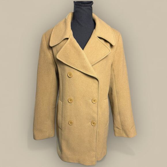 Larry Levine Vtg Pea Coat Women’s Sz 6 Wool Double Breasted Tan Lined Classy - Picture 1 of 3